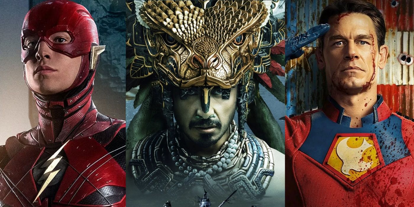 Split Image: Ezra Miller&rsquo;s Flash poses on Justice League movie poster; Tenoch Huerta&rsquo;s Namor in his battle gear; Peacemaker (John Cena) salutes