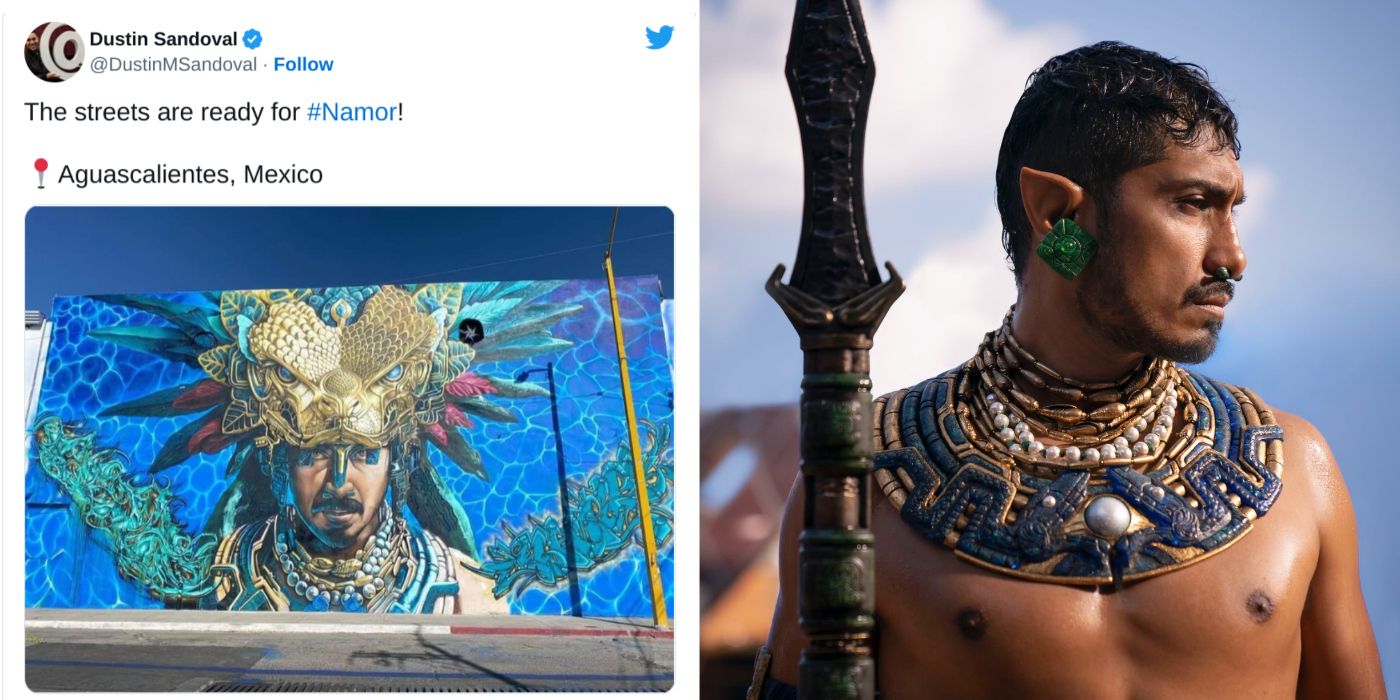 A split image of Namor and Namor street art.