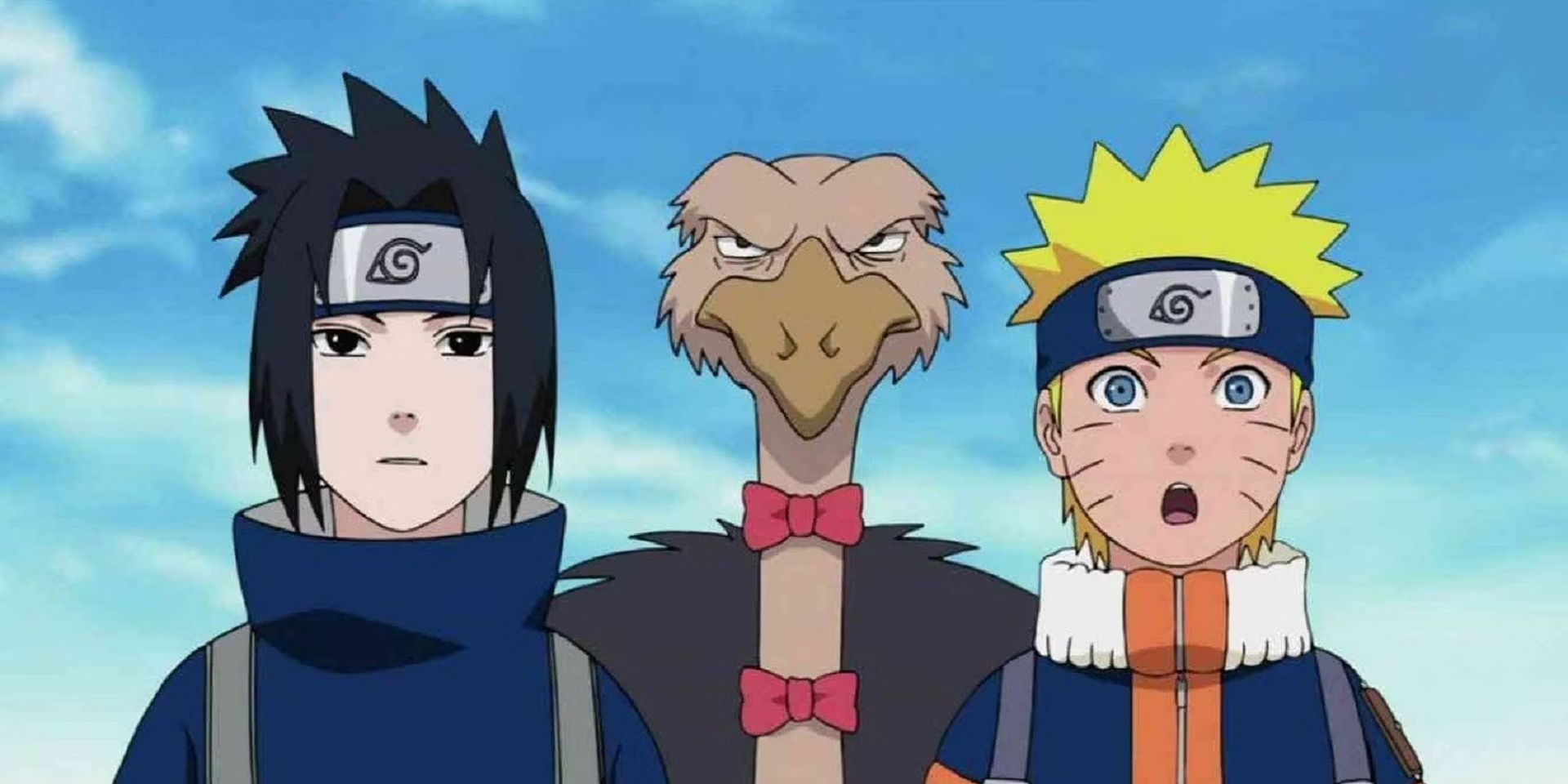 Naruto and Sasuke standing by an ostrich