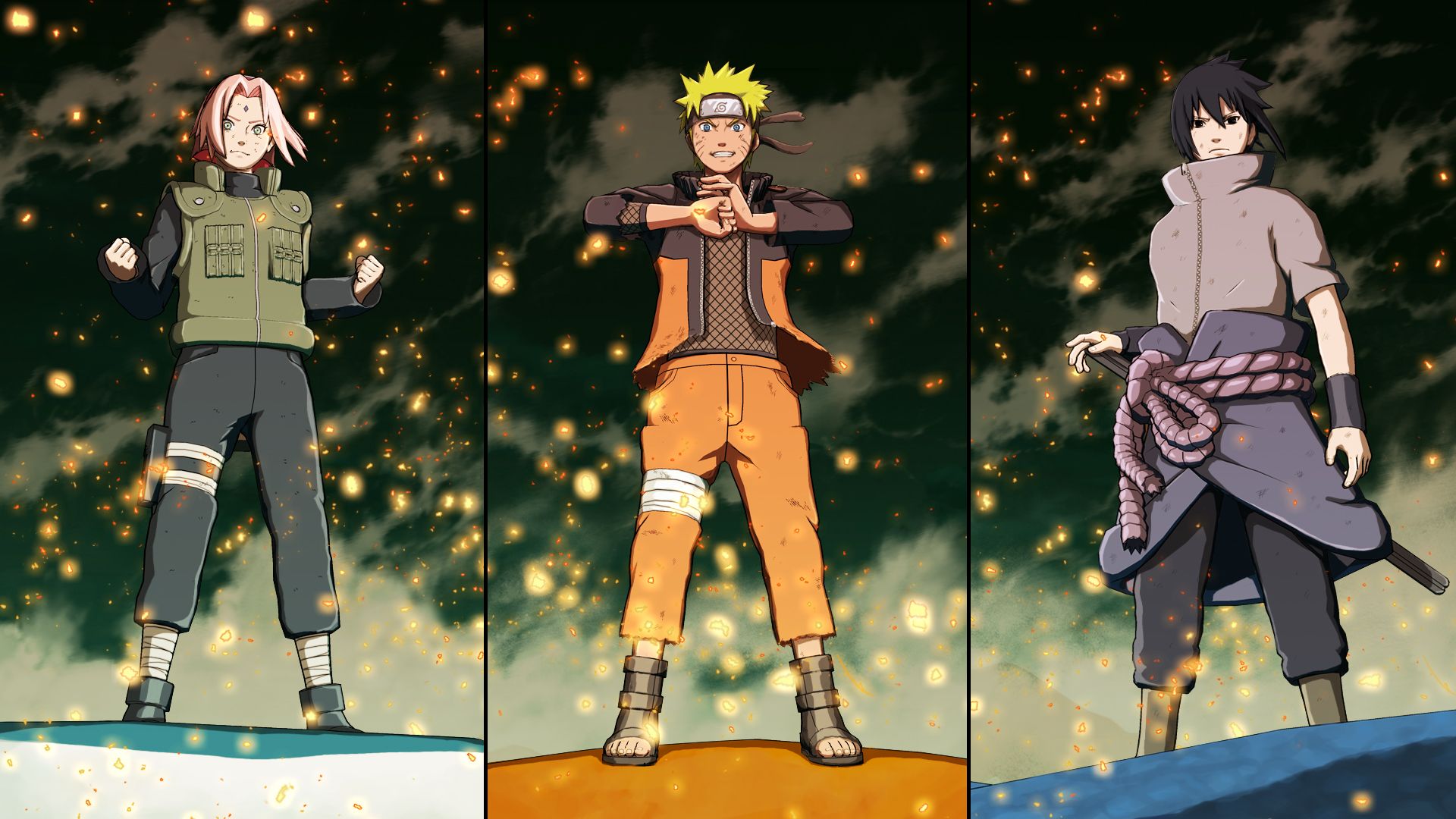Concept art for Naruto Ninja Storm 4 shows Team 7's Sakura, Naruto, and Sasuke preparing for battle as they stand on each of their summoned creatures.