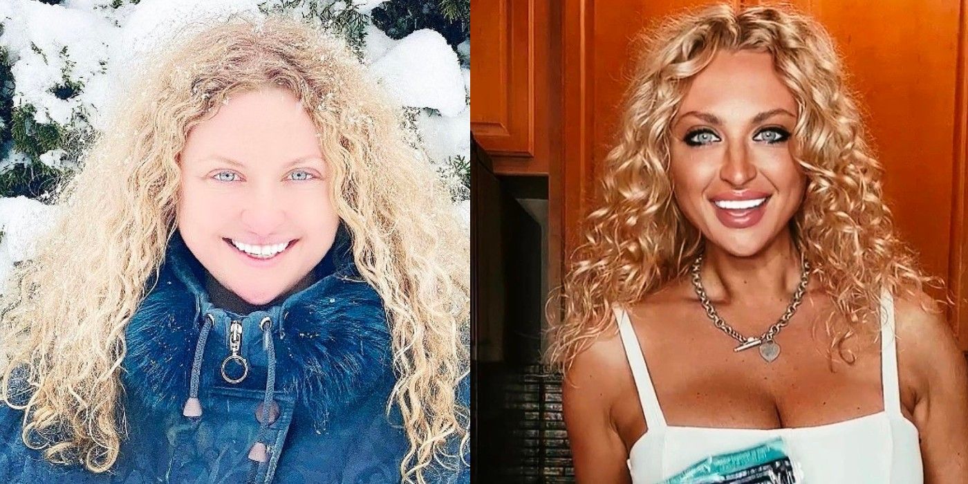 90 Day Fiance star Natalie Mordovtseva in side by side photos outside in snow and inside in kitchen wearing tank top