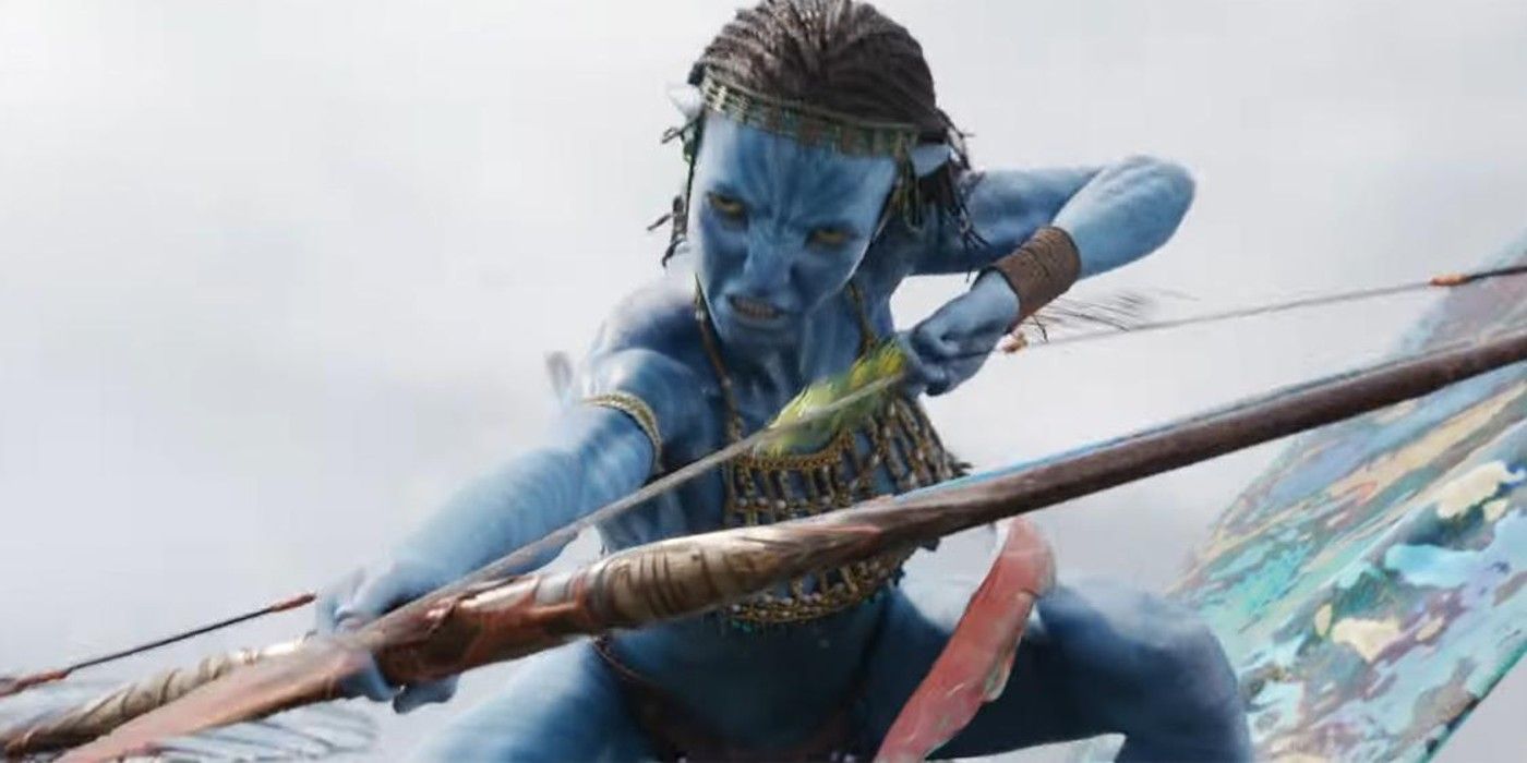 Navi action scene from final Avatar The Way Of Water with bow and arrow