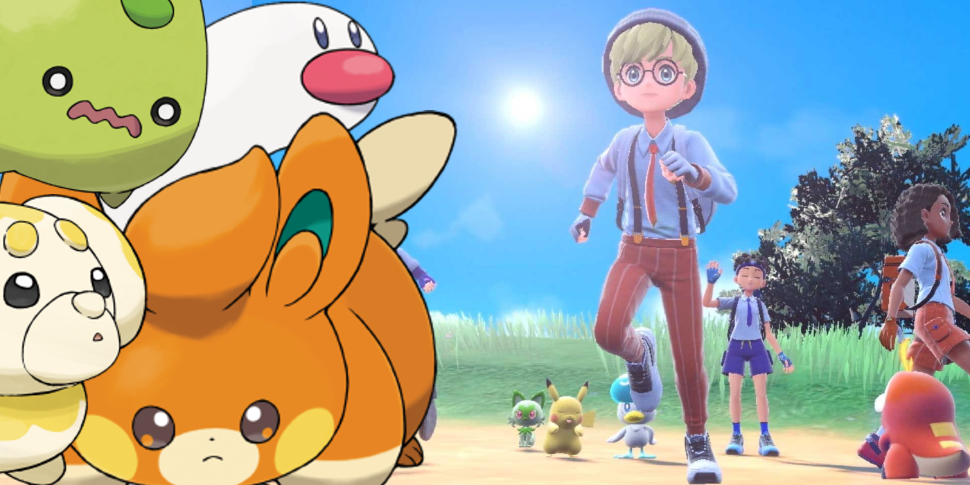 Pokemon Scarlet and Violet Trainer in the sun, beside cluster of new Gen 9 Pokemon