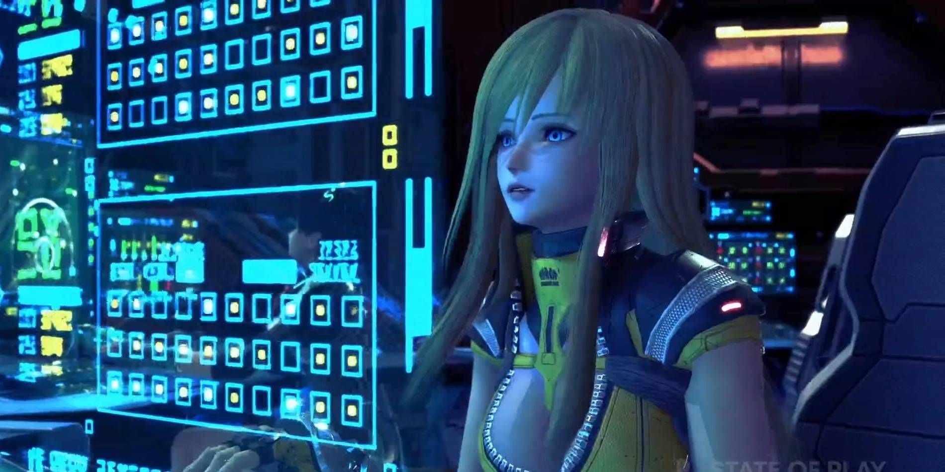 Star Ocean: The Divine Force Elena Typing at Computer For Sci-Fi Story Route of Protagonist Raymond 