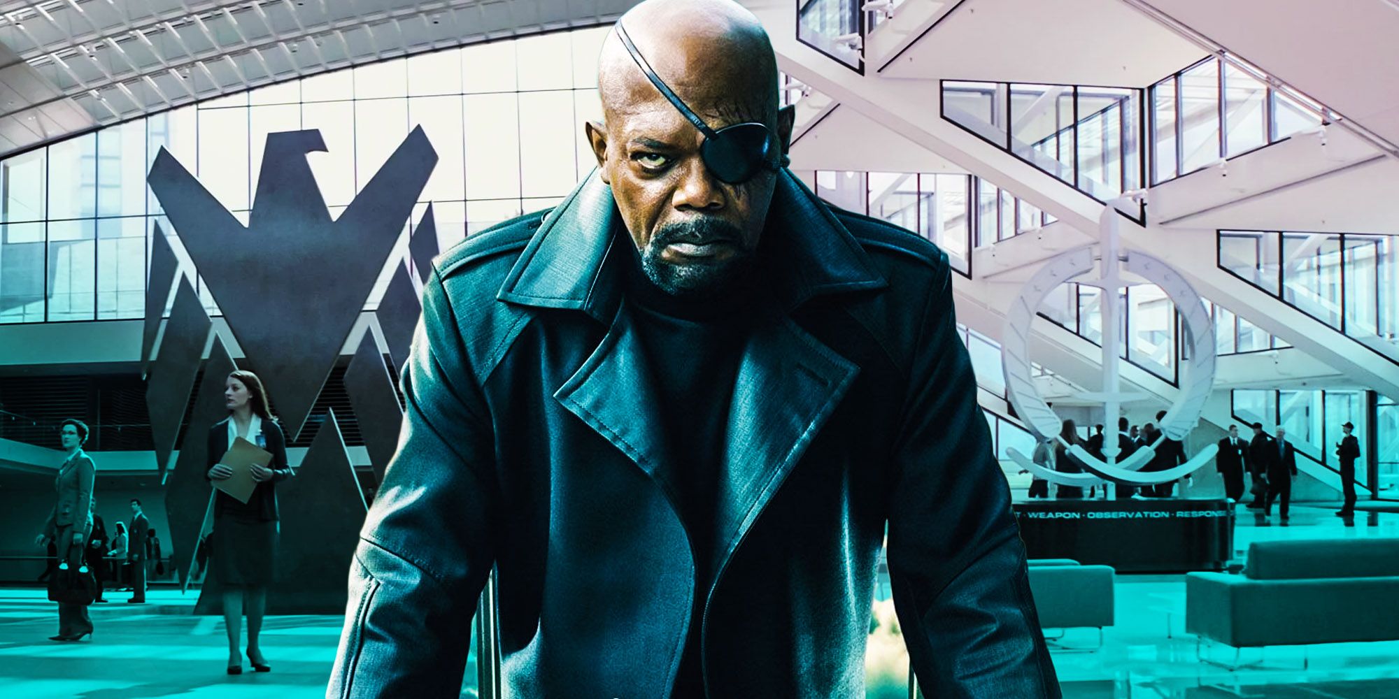 Nick Fury in front of the SHIELD headquarters interior.