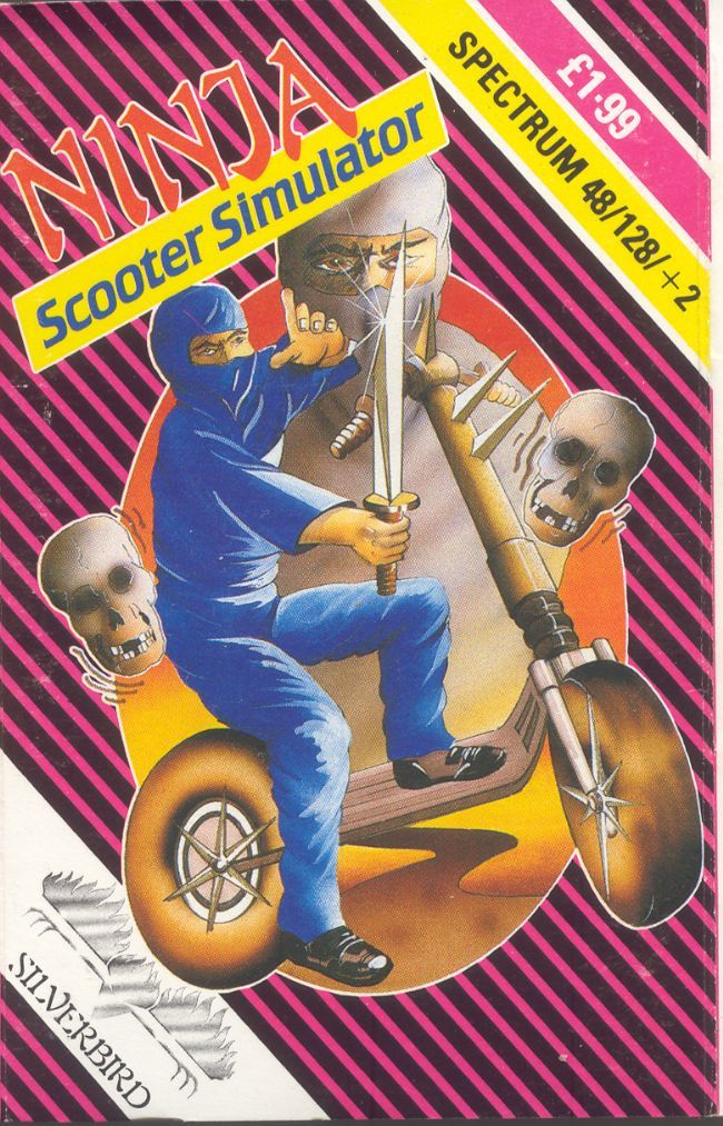 Arte da caixa Ninja Scooter, um ninja fica em uma scooter pronto para lutar contra cabeças de esqueleto