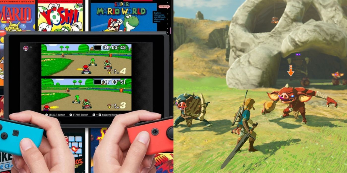 Split image of Nintendo Switch Online and combat in Breath of the Wild.