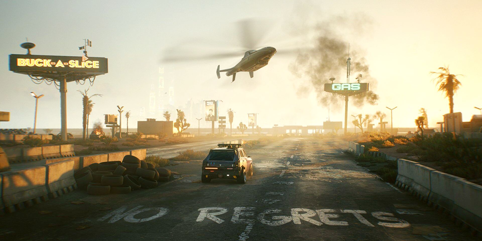 A stretch of road in the Badlands of Cyberpunk 2077 with NO REGRETS painted on the asphalt.