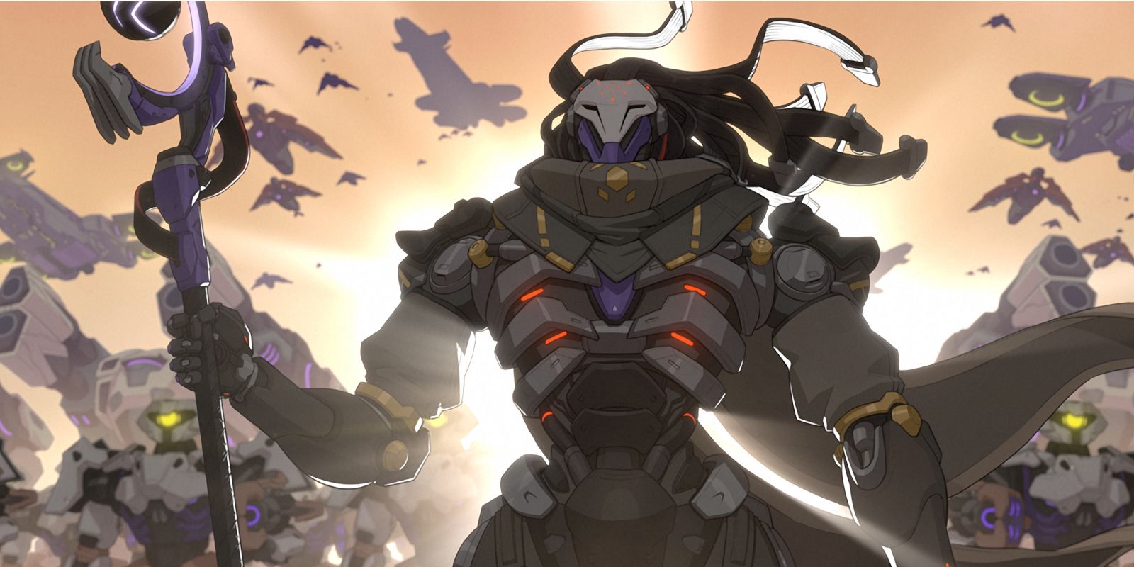 The Overwatch 2 hero Ramattra is seen leading an army of omnic forces with a long staff, flowing cords resembling hair, and an angelic light illuminating the character from the background.