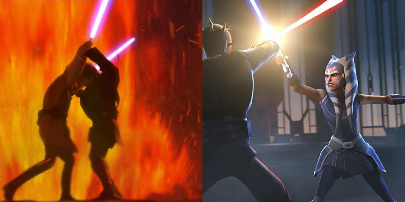 Split image of Obi-Wan fighting Anakin and Maul fighting Ahsoka.