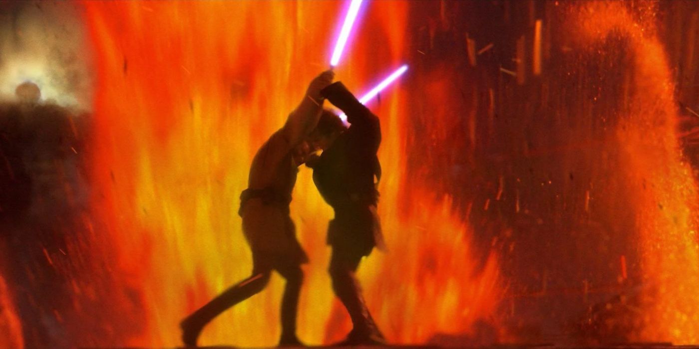 Obi-Wan and Anakin dueling on Mustafar with lava erupting in the background.