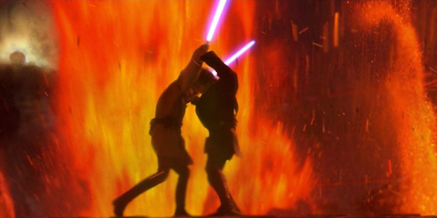 Obi-Wan e Anakin duelo em Mustafar com lava em erupção ao fundo.