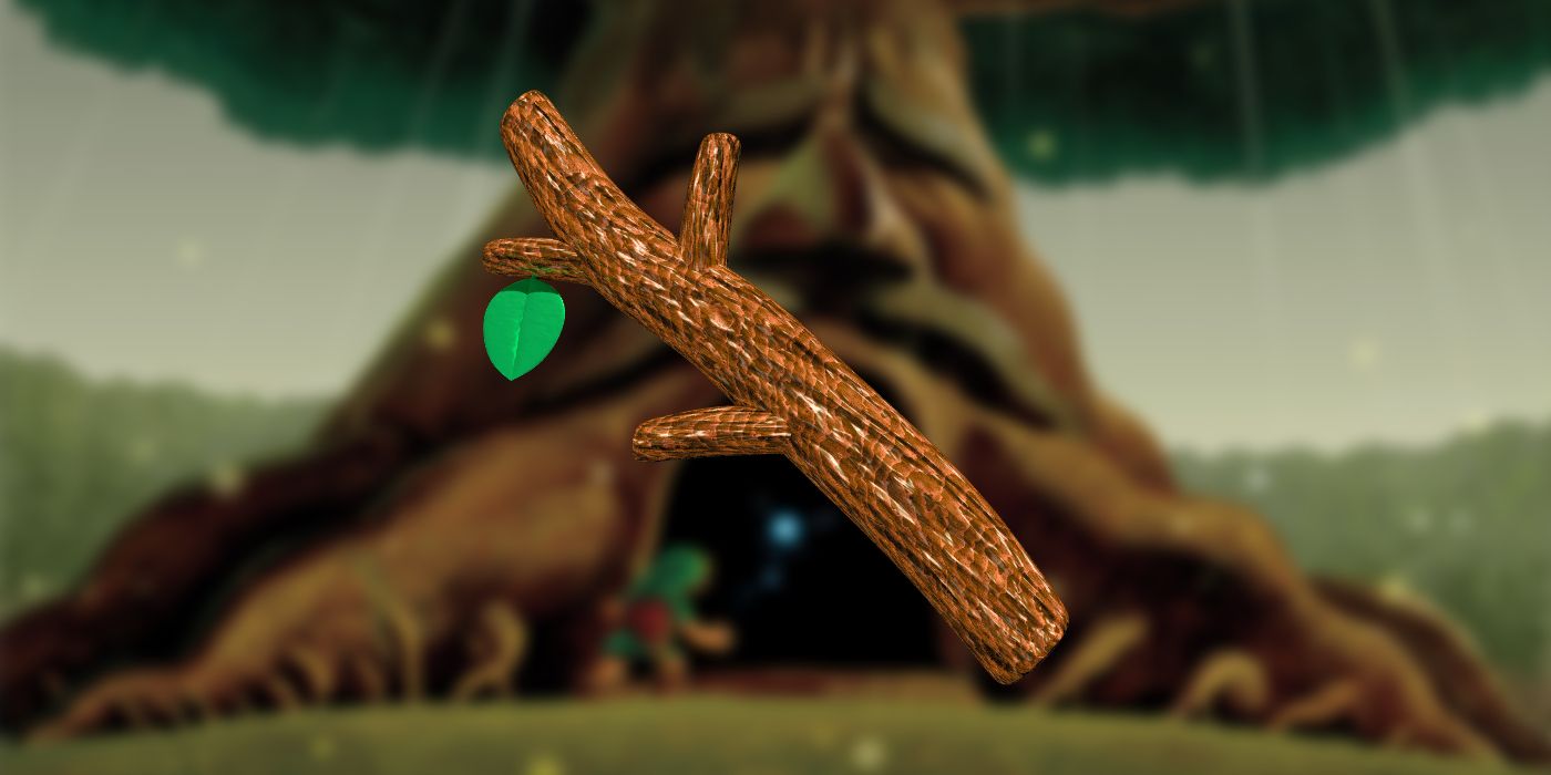 A render for Ocarina of Time's Deku Stick item, over a blurred background of the Great Deku Tree.