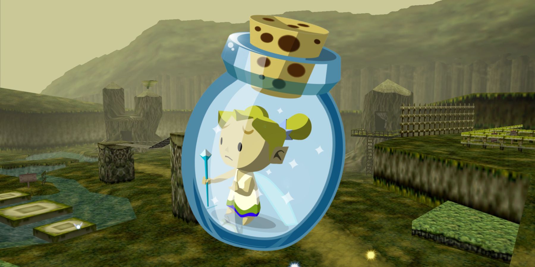 A Fairy in a Bottle in front of Ocarina of Time&rsquo;s Kokiri Forest.