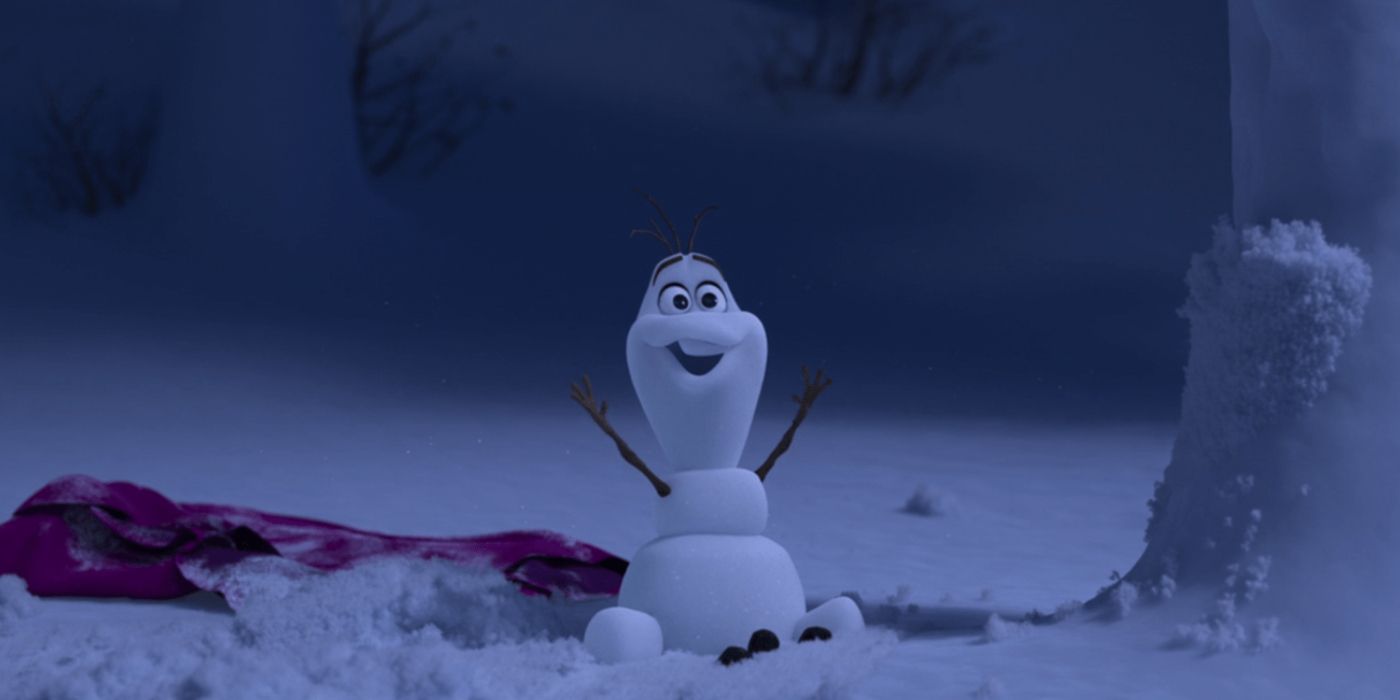 Olaf sitting on the ground missing his carrot nose with his arms up in the air. 