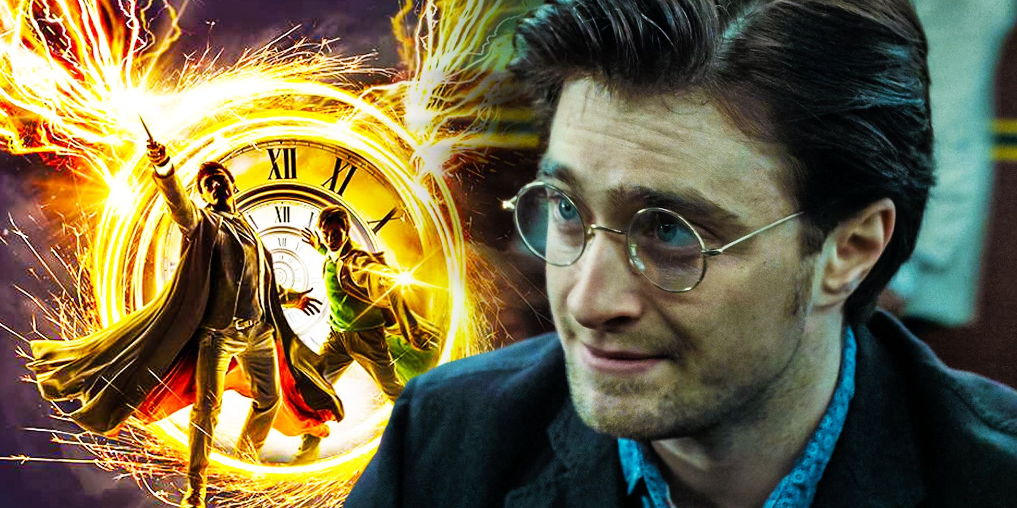 Split image of Daniel Radcliffe as Old Harry potter in Deathly Hallows Part 2 and promotional art of two wizards from The Cursed Child