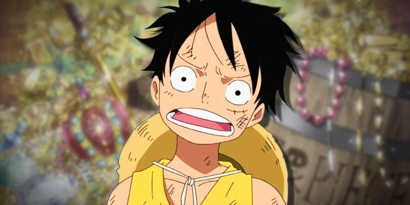 One Piece's Luffy is slightly confused about a room full of trasure.