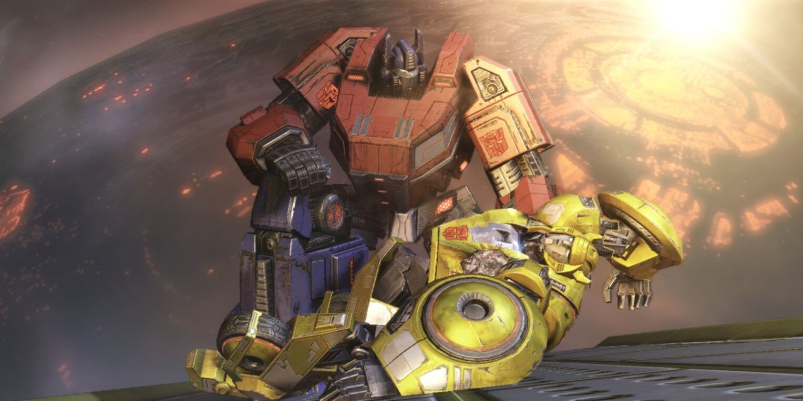 Optimus Prime holding a dying Bumblebee in Transformers Fall of Cybertron.