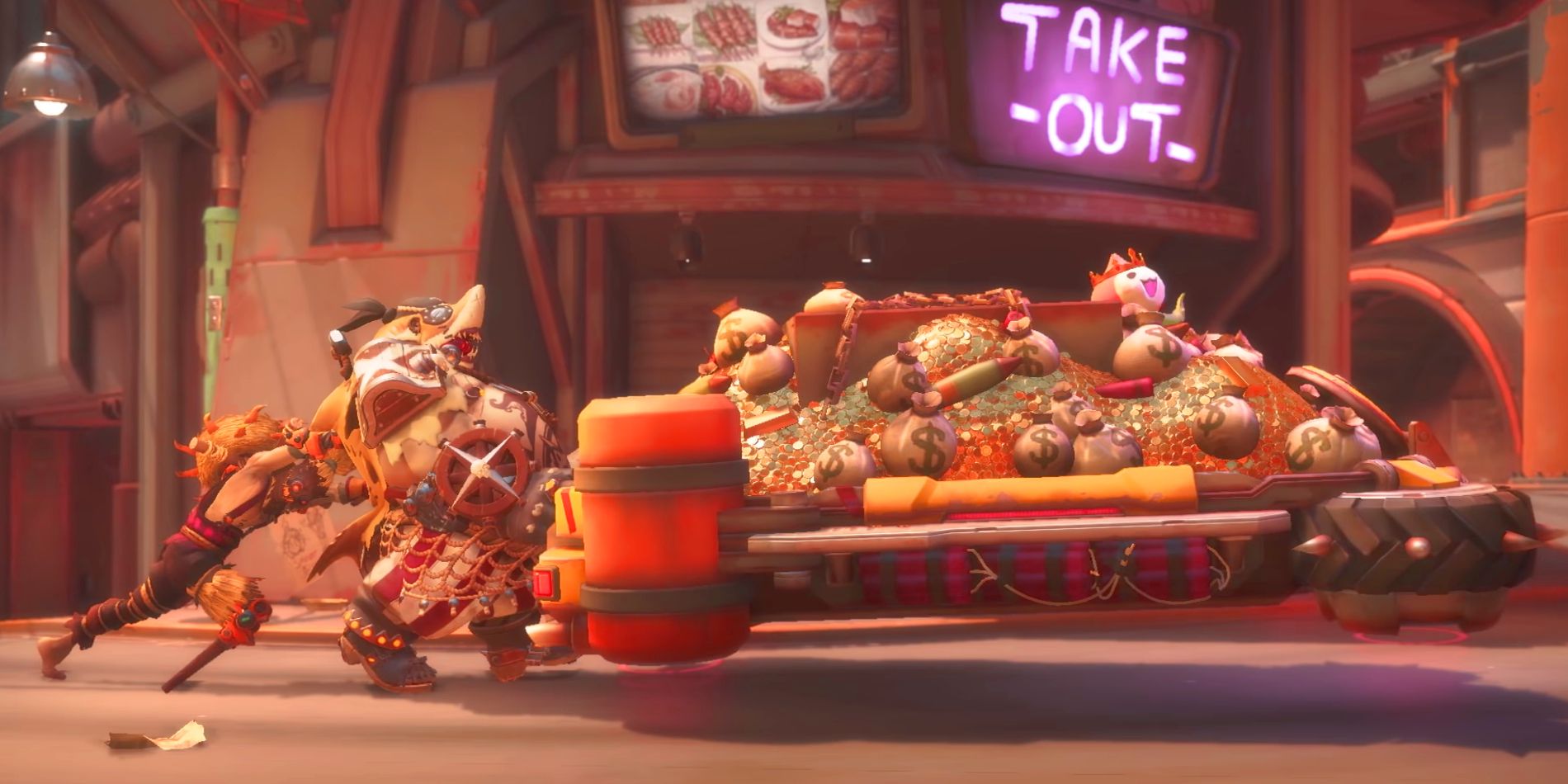 Overwatch characters Junkrat and Roadhog are seen pushing a large cart filled with gold further into the Junkertown map while wearing Halloween skin disguises.