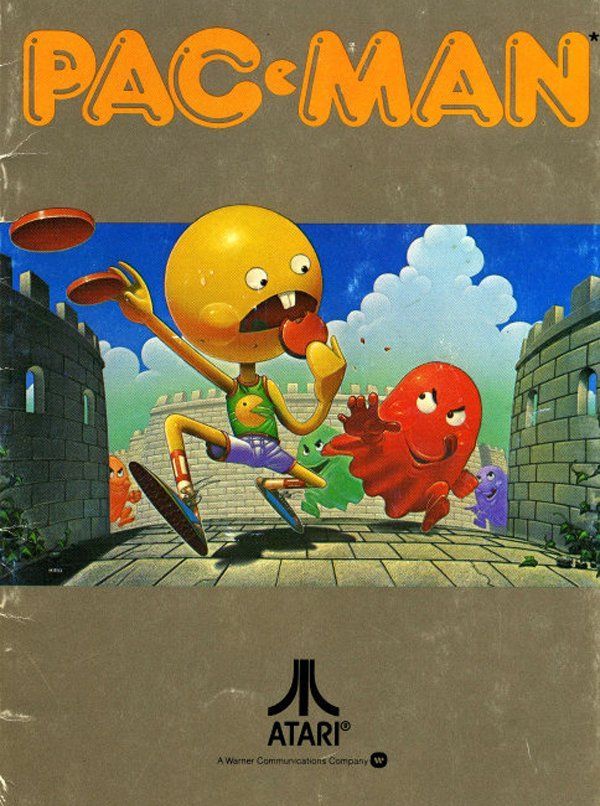 Pac Man box art, pac-man com um corpo foge de um fantasma vermelho