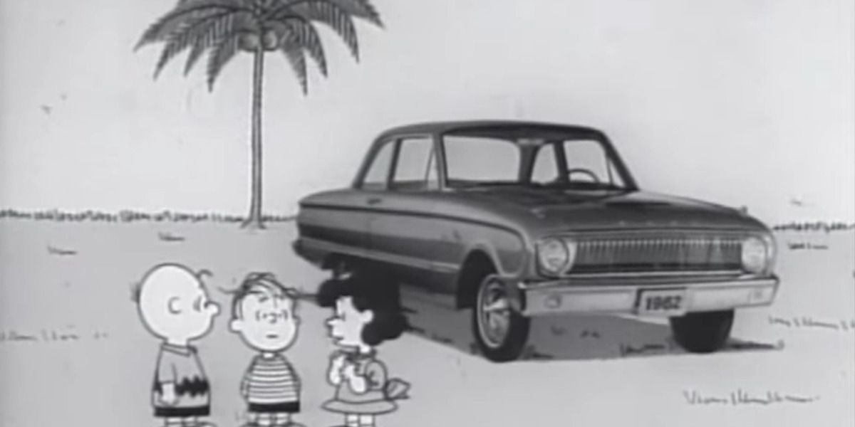 A vintage image of the Peanuts gang in a Ford Falcon 1960s commercial is shown.