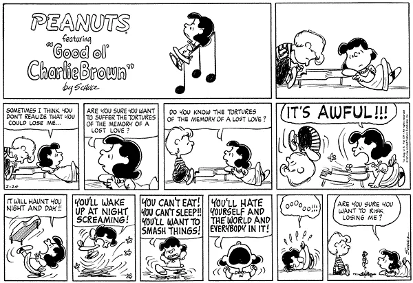 Uma tira multipainel do Sunday Peanuts retransmitindo uma troca entre Schroeder e Lucy é mostrada.
