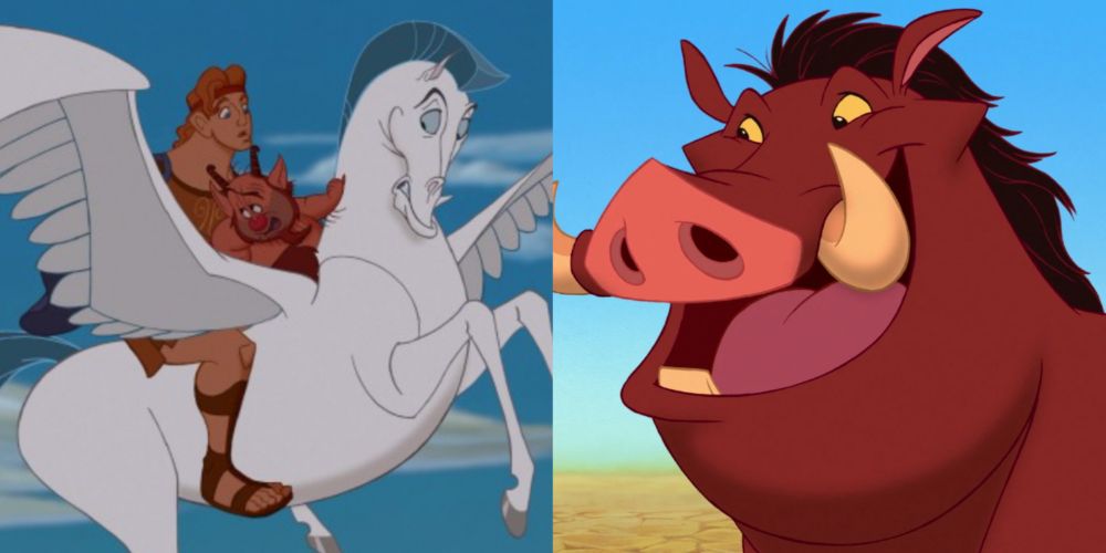 A split image features Pegasus in Hercules and Pumba in The Lion King