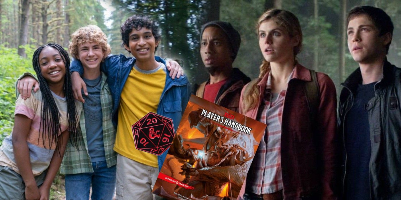 Split image of both movie and TV series casts of the Percy Jackson series with a D20 and the D&D Player's Handbook
