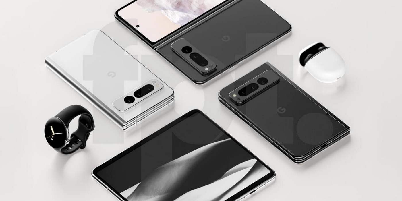 Leaked image showing the Pixel Fold placed in different folded and open orientations.