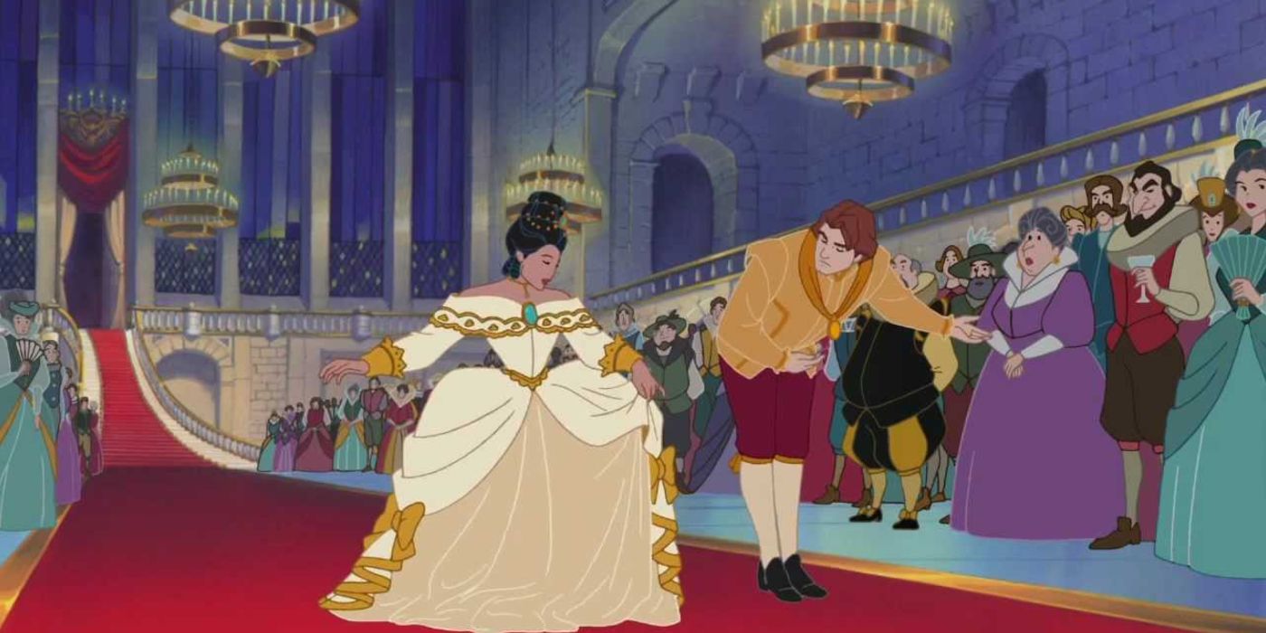 Pocahontas in a ballgown bowing alongside John Rolfe in Pocahontas II. 