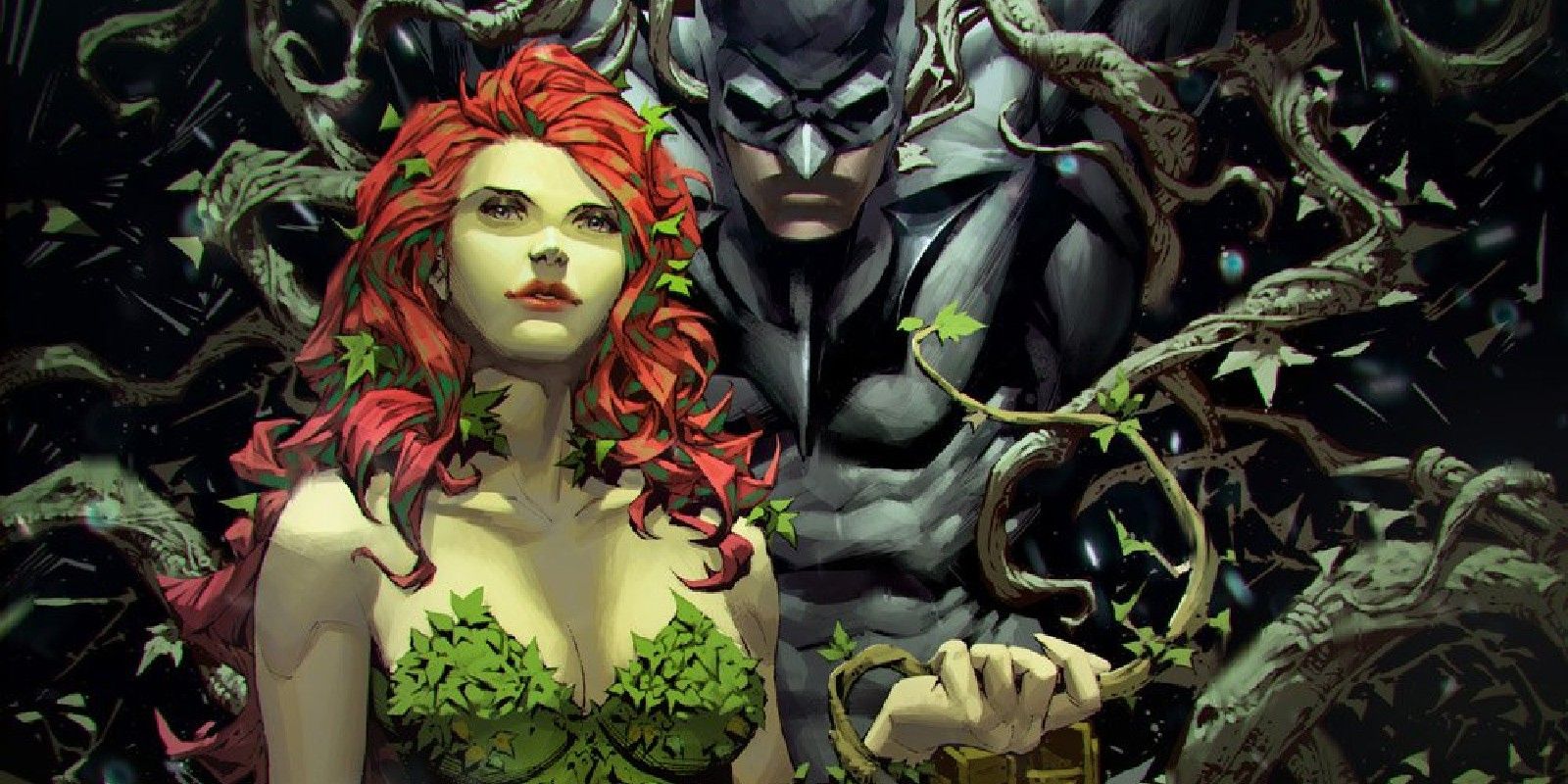 Poison Ivy (left) captures Batman (right) with vines.