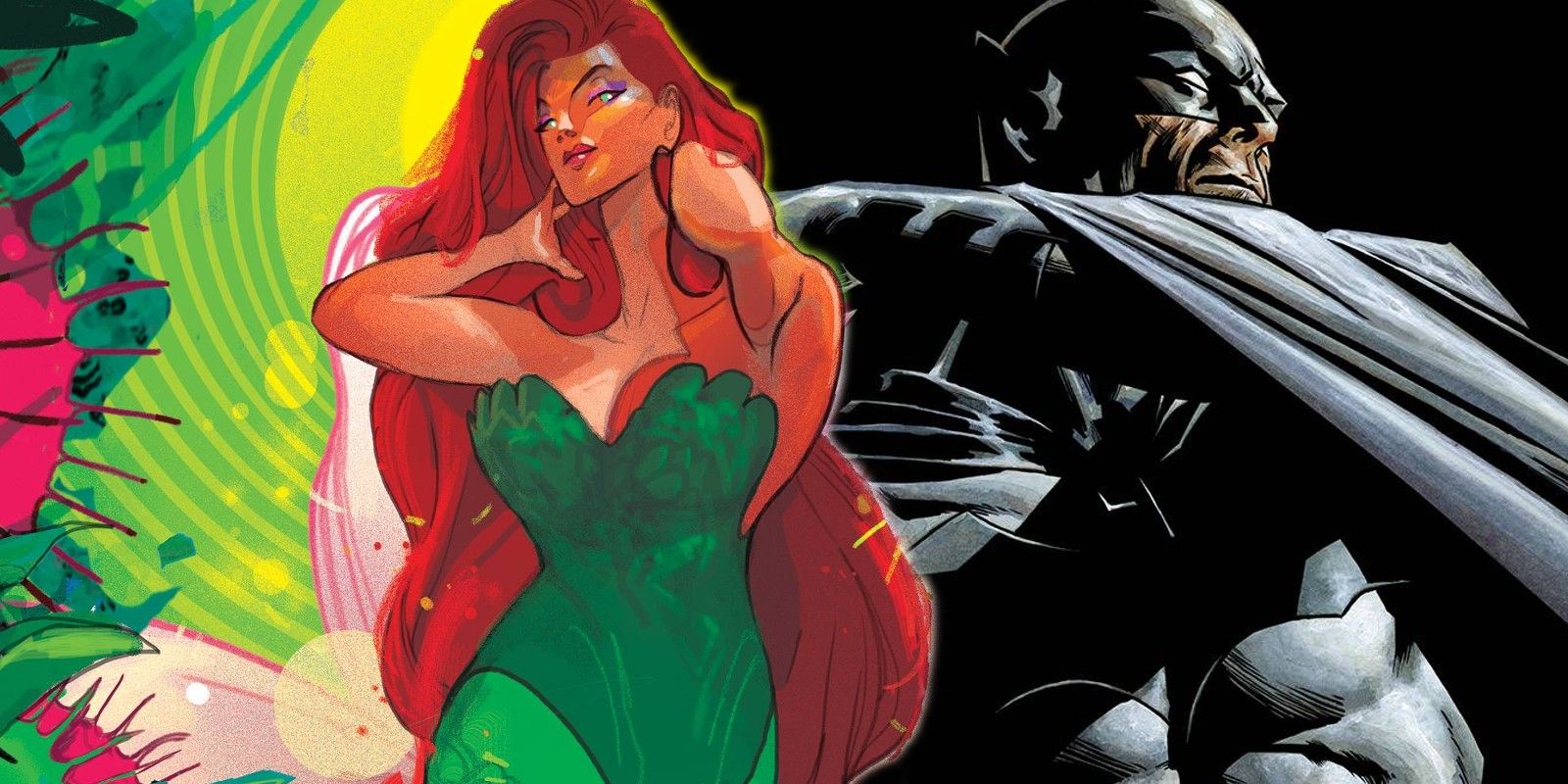 An edit of Poison Ivy in her original green costume with long red hair and Batman with his cape pulled over one shoulder. 