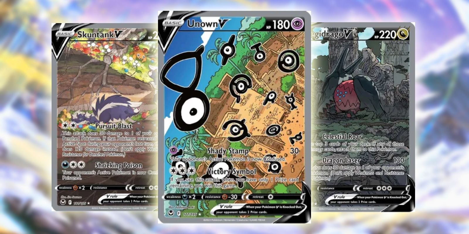 Alternative Full Art versions of Skuntank V, Unown V, and Regidrago V, seen in Pokémon TCG&rsquo;s Silver Tempest expansion.