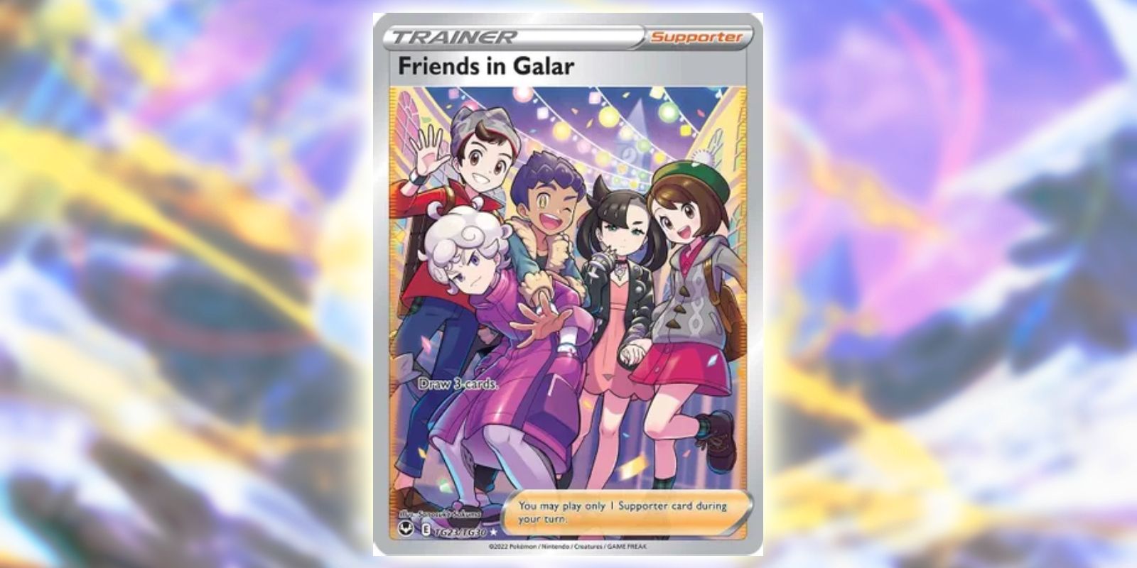 The full art version of Friends in Galar, featured in Pokémon TCG&rsquo;s Silver Tempest expansion.