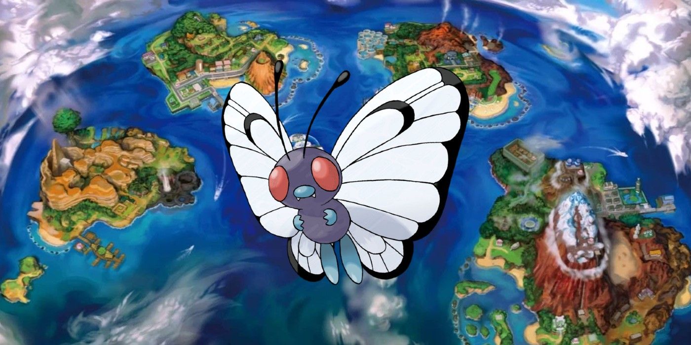 A Butterfree superimposed over Pokémon's Alola Region.