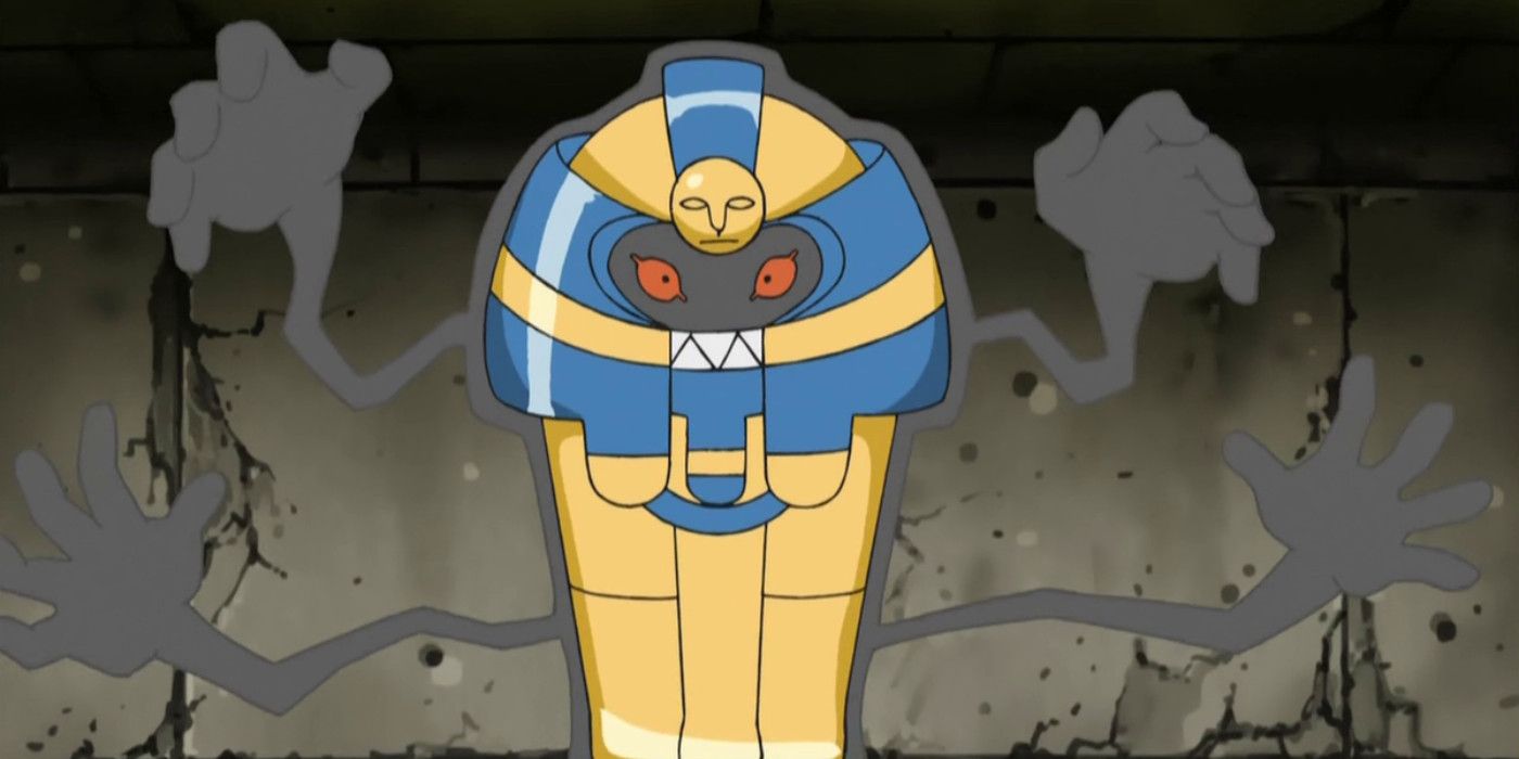 Cofagrigus, a Pokemon that looks like an ancient Egyptian sarcophagus, in the Pokemon Anime