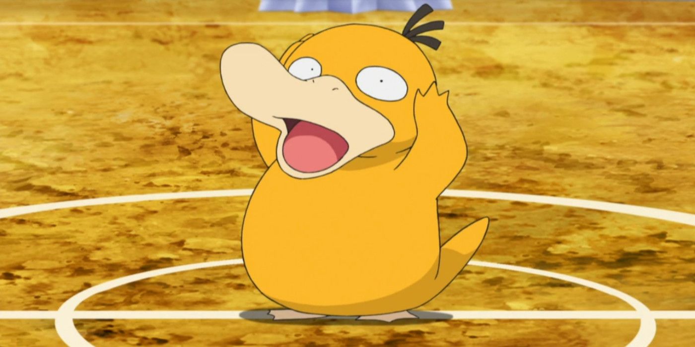 Um Psyduck do anime Pokémon parecendo alarmado.