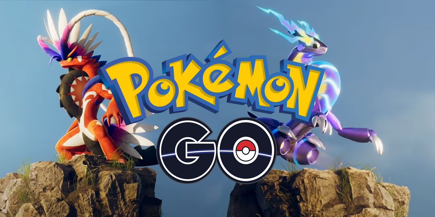 The Pokemon Go logo in front of the Pokemon Scarlet Violet Legendary Pokemon