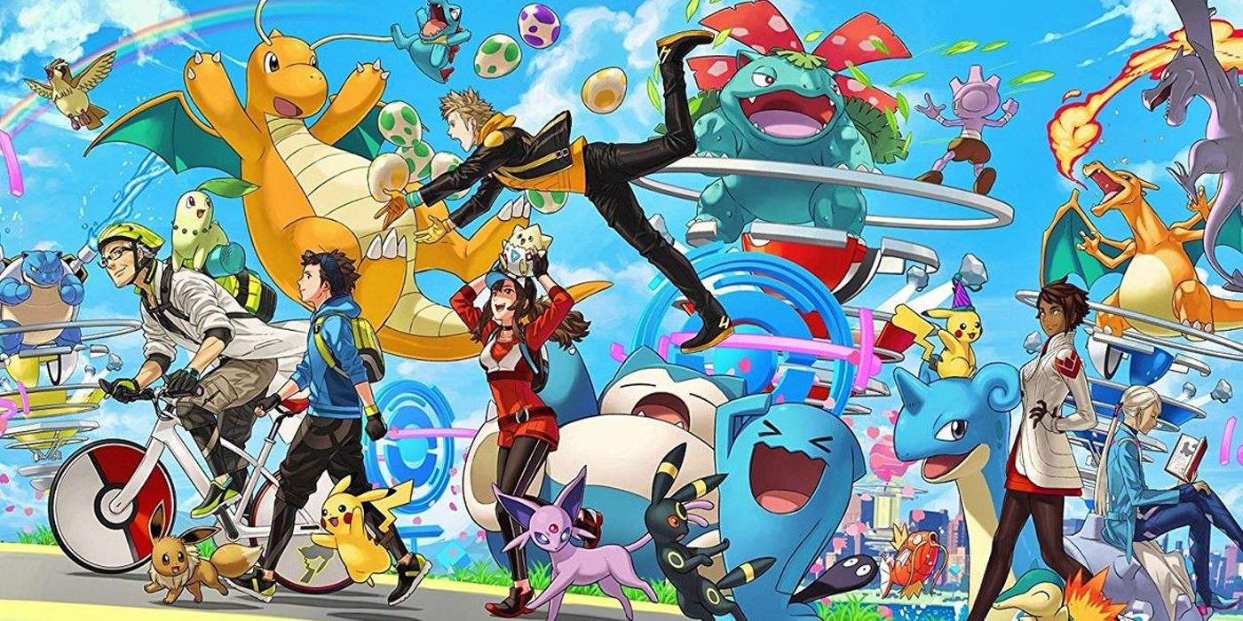 A promotional image featuring several characters and creatures from Pokemon Go.
