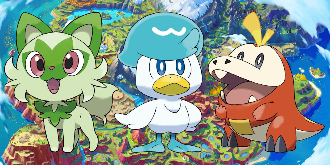 Pokémon Scarlet and Violet's starters (Sprigatito, Quaxly and Fuecoco) superimposed on a map of Paldea.