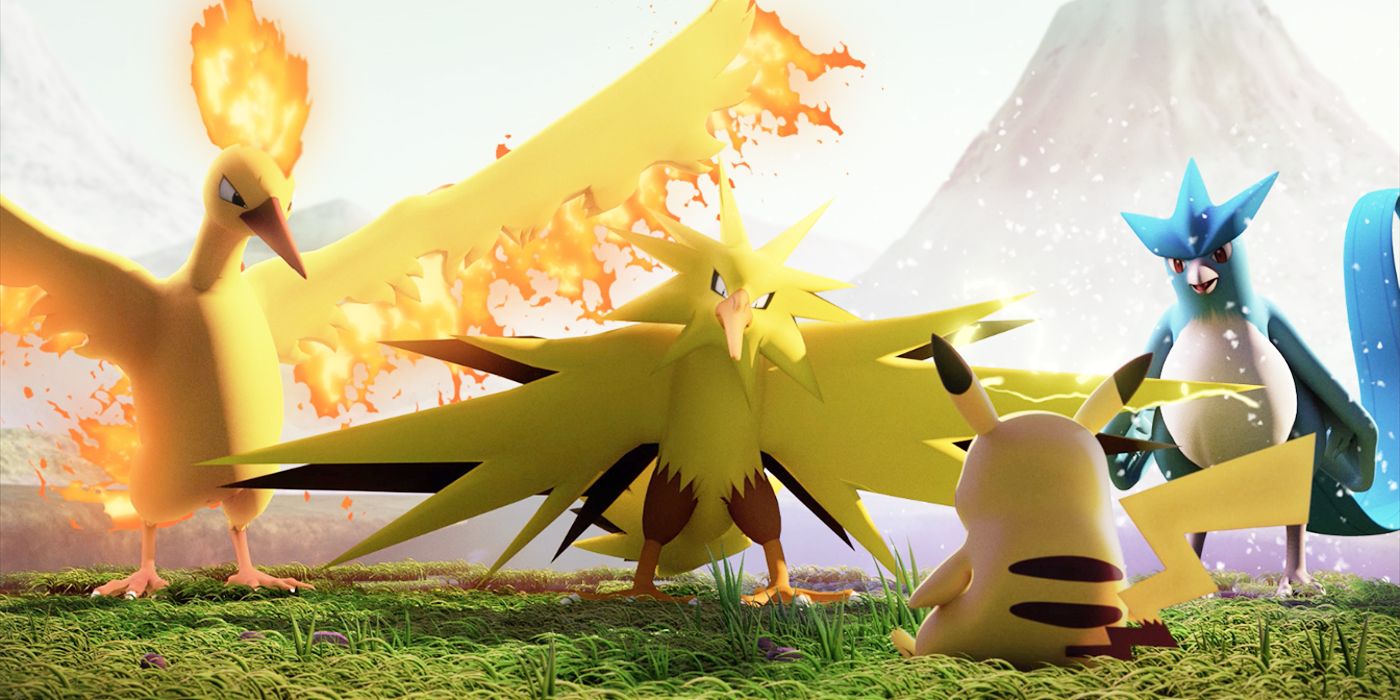 Promo image of Pokémon TCG seeing Pikachu looking at three flying Pokémon.