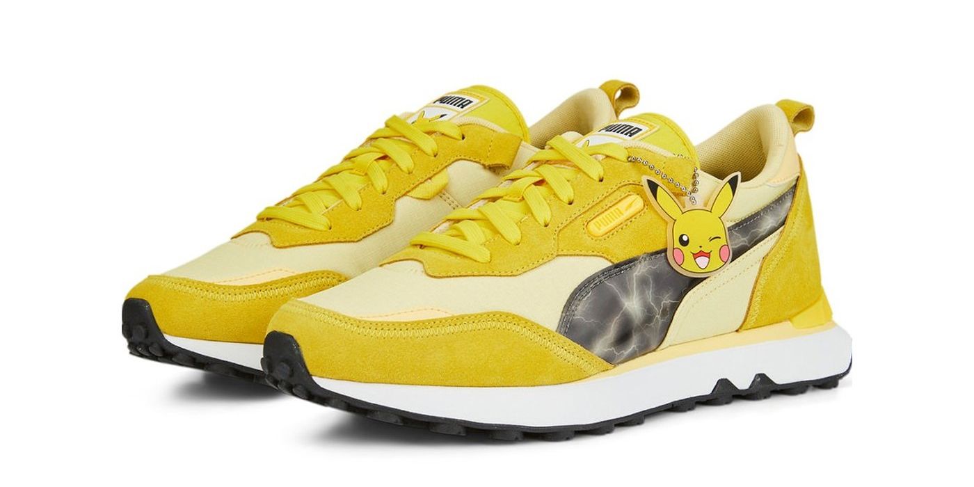 A pair of the soon-to-be-released Pokemon Puma shoes, featuring Pikachu.