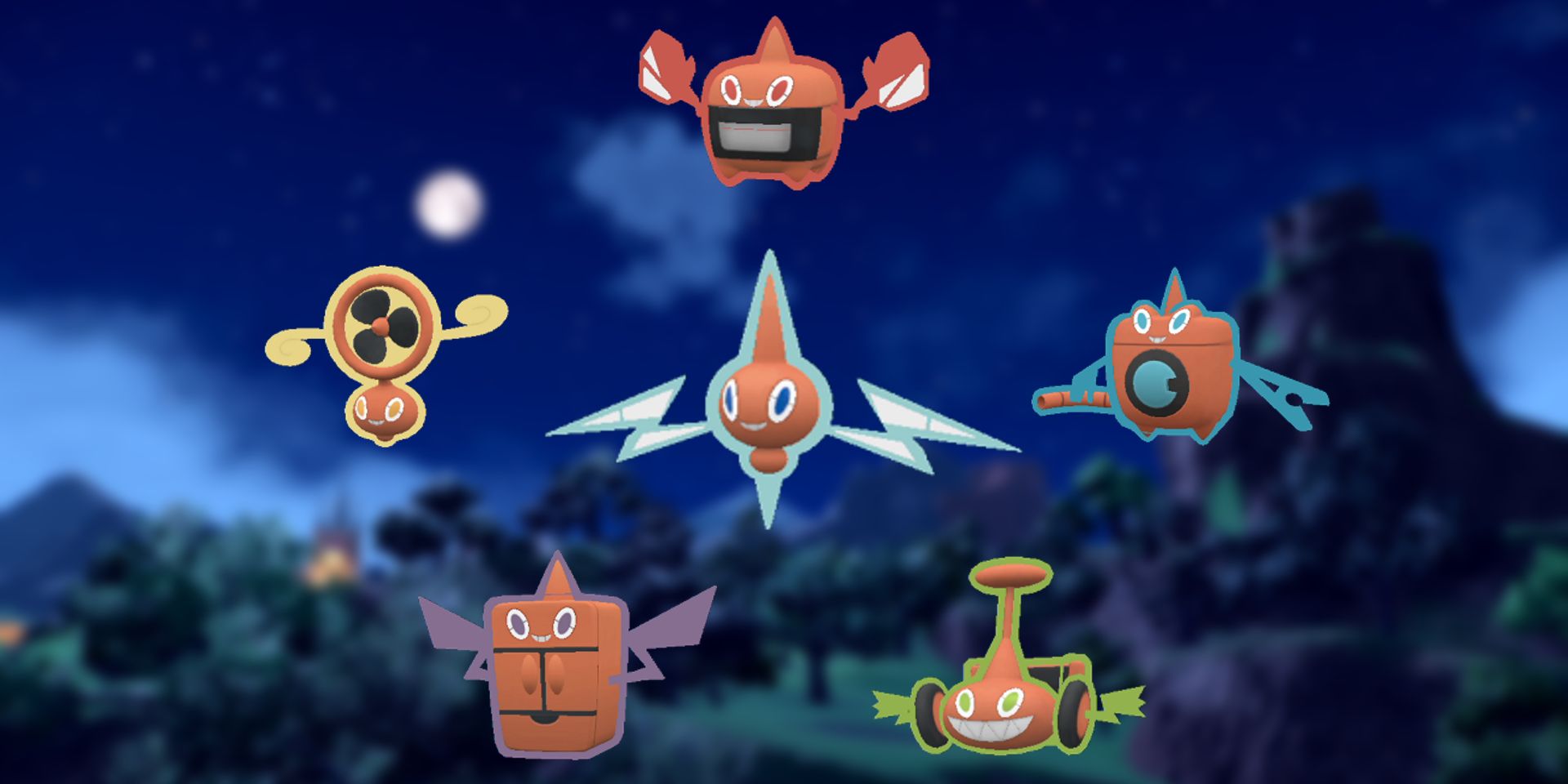 Pokemon Scarlet And Violet Rotom And All Rotom Appliance Forms On Paldea Night Landscape