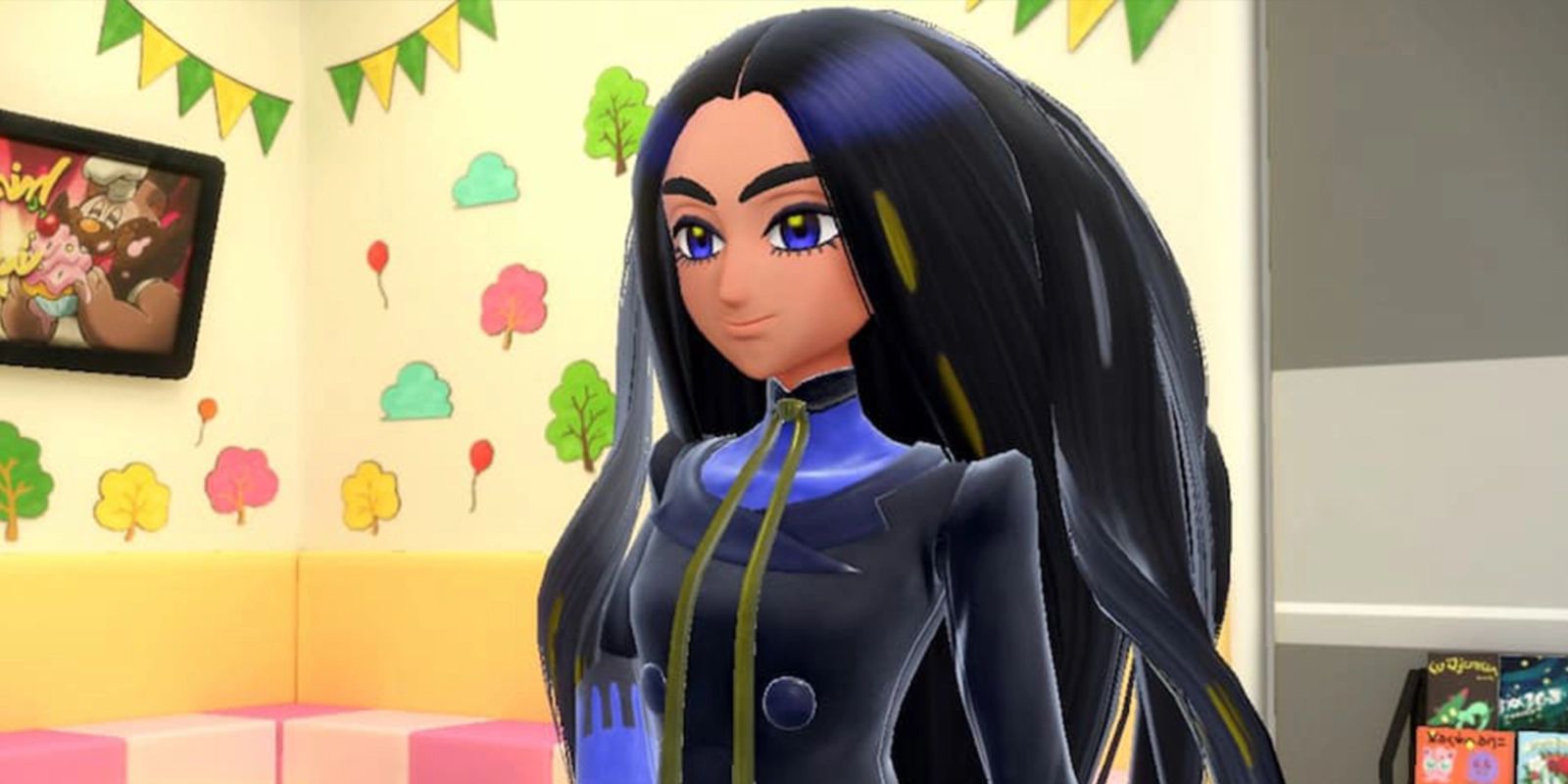 Geeta smiling with one hand on her waist in Pokémon Scarlet and Violet.