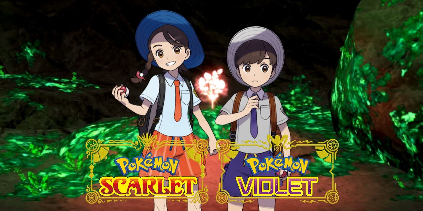 Pokémon Scarlet and Violet's default main characters and the games' logos in front of an in-game image of Herba Mystica.