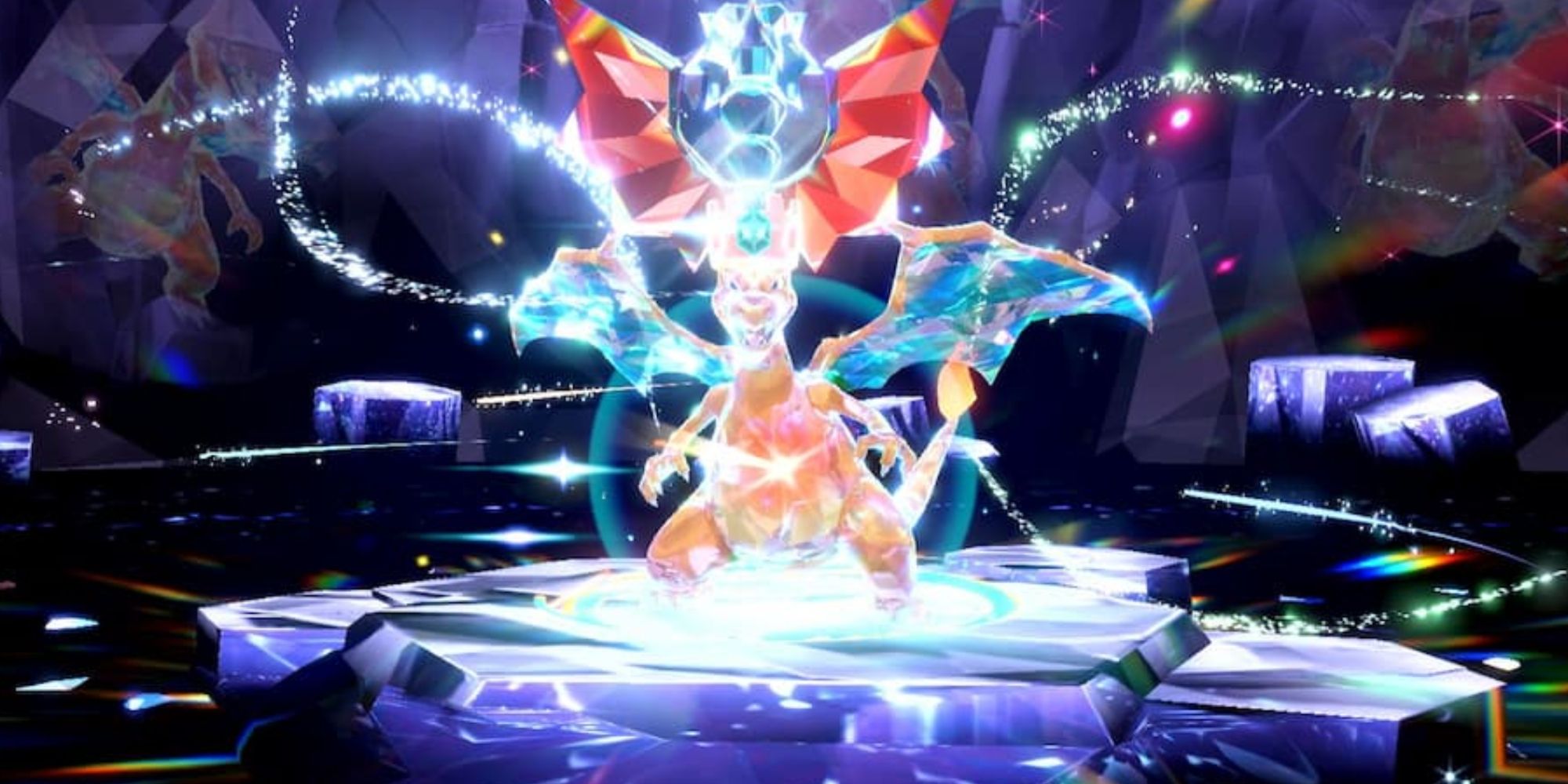 Uma batalha de Charizard Tera do tipo Dragon Tera em Pokémon Scarlet e Violet