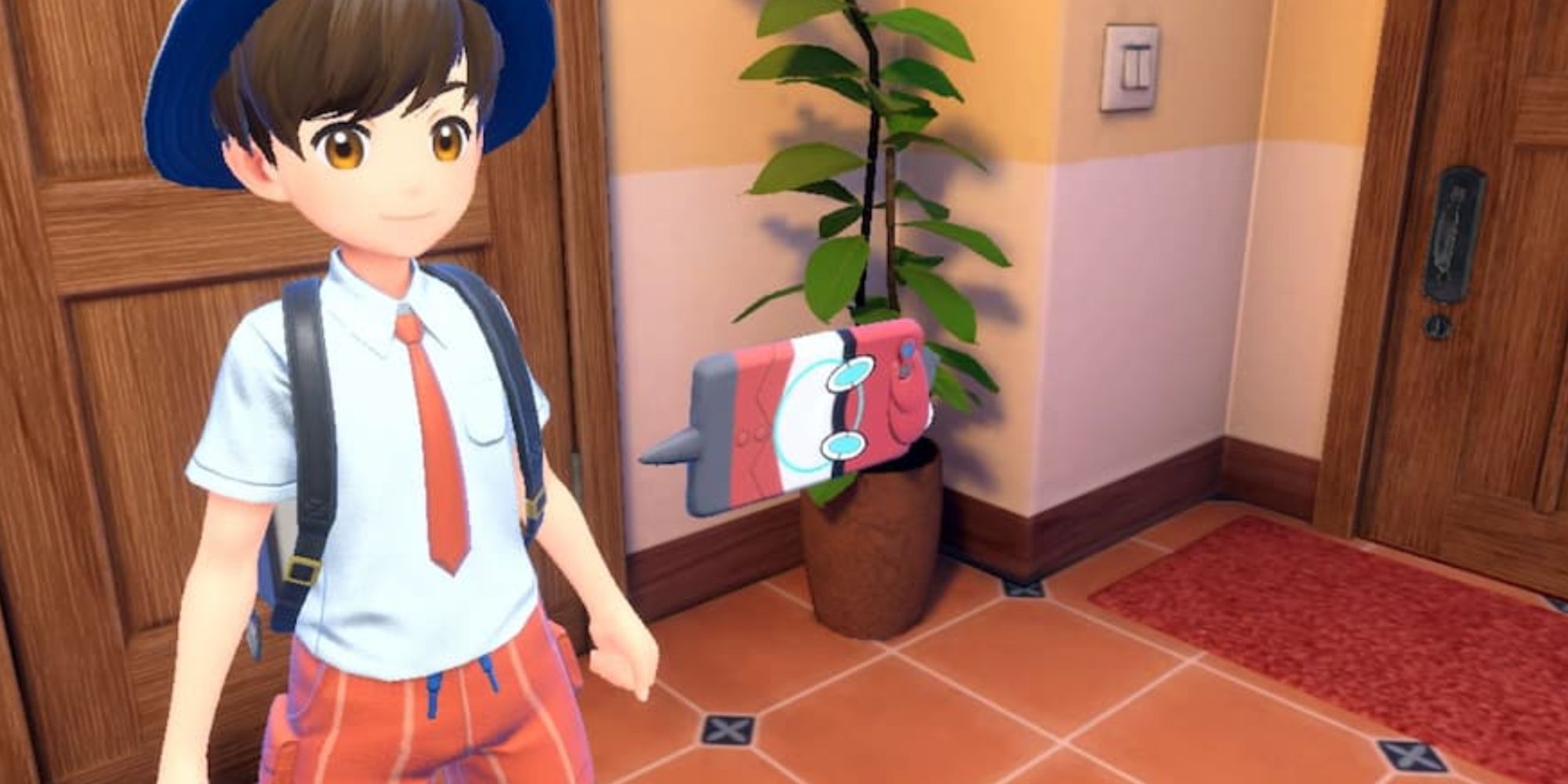 One of the save bonus Rotom Phone cases in front of the player character in Pokemon Scarlet and Violet