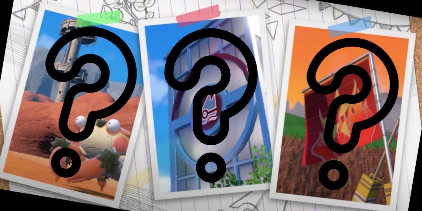 Three in-game photographs representing Pokémon Scarlet and Violet's three storyline choices, overlayed with question marks.