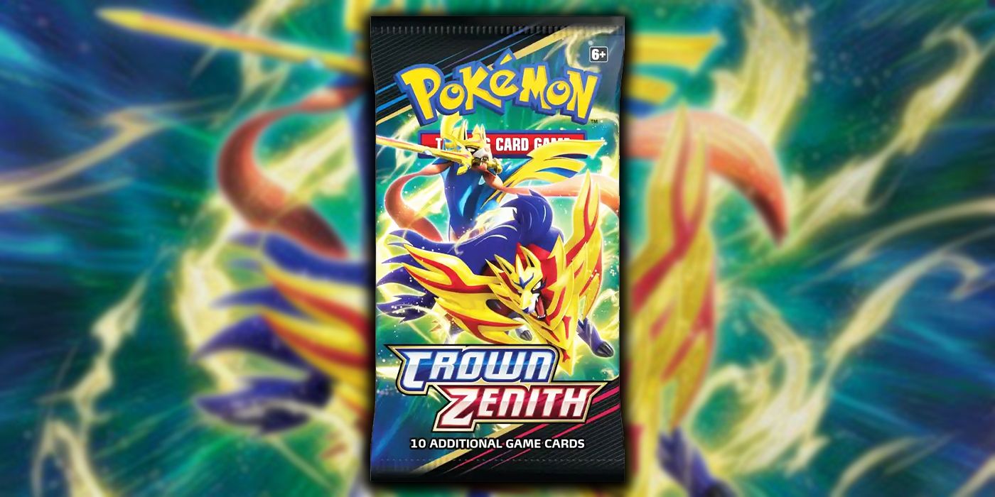 An image of a booster pack for the Pokémon TCG's Crown Zenith expansion, in front of its blurred official art featuring Zamazenta and Zacian in their Crowned forms.