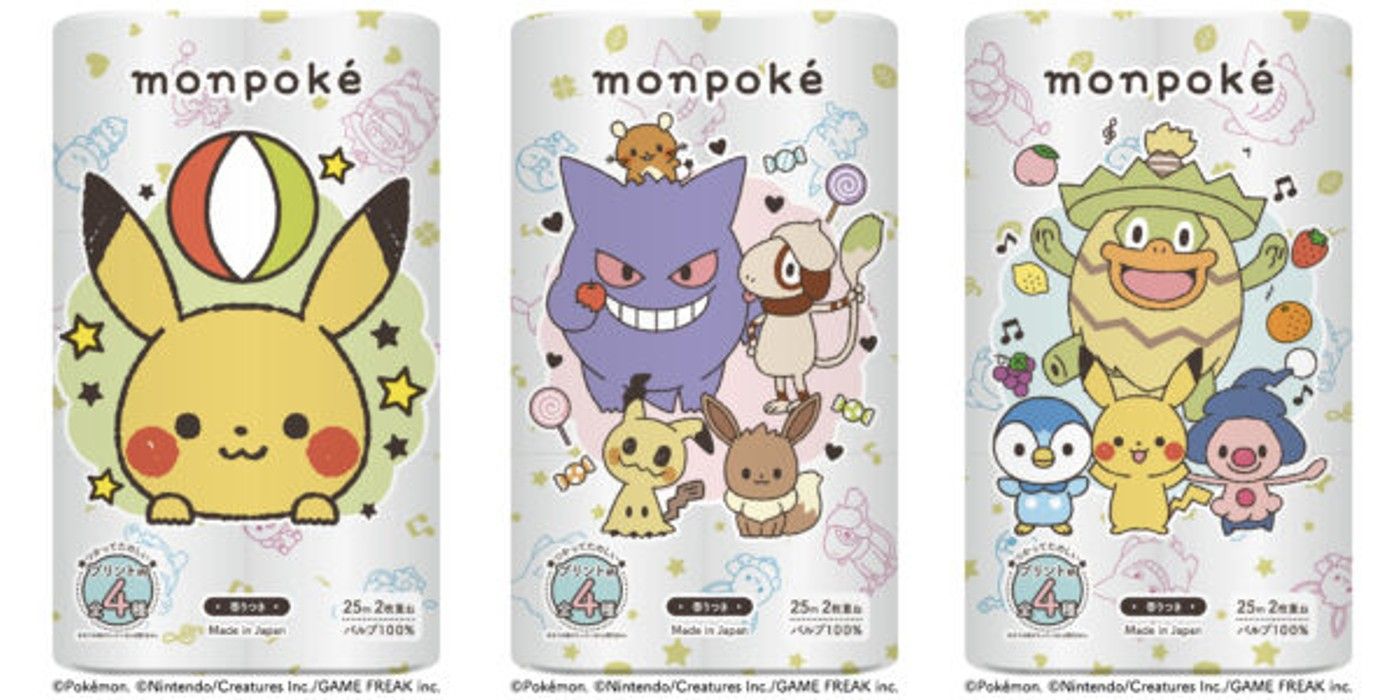 3 variations of Pokemon toilet paper with packaging showing different character themed rolls.